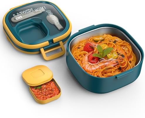 PEDECO Single-Layer Bento Lunch Box for Kids & Adults with Removable Stainless Steel Lunch Container,Dressing Container,BPA-Free,Dishwasher Safe - Includes Utensil(Blue,Non-Insulated)