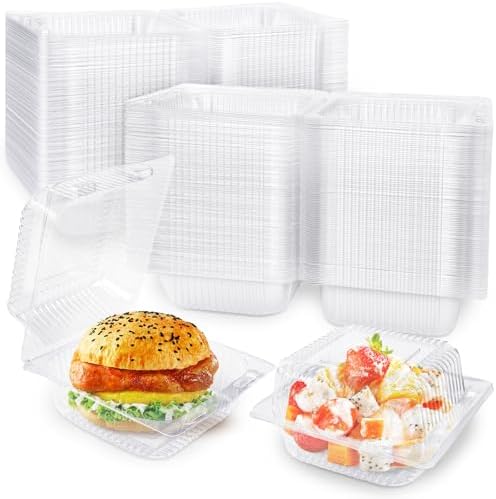 Qyyiguf 200 PCS Clear Plastic Square Hinged Containers,Disposable To Go Containers with Lids,Clamshell Food Containers for Sandwiches,Dessert,Cakes,Cookies,Salads,Pasta(5.3x4.7x2.8 In), 41wsdSDF