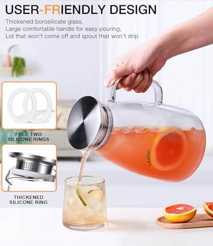 68oz Glass Pitcher with Lid, Borosilicate Pitcher with Handle and Spout