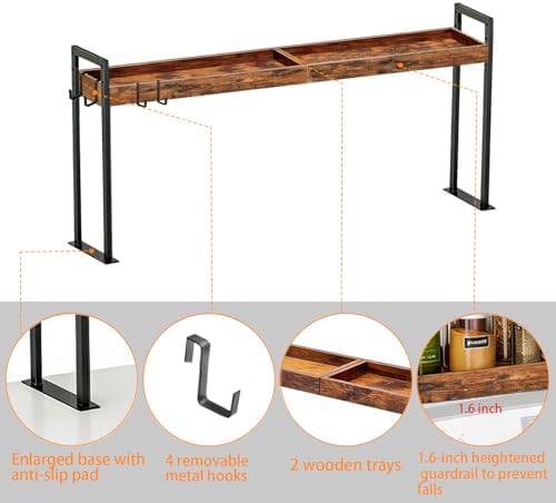 Spice Rack Shelf for 30-inch Kitchen Stove, Over the Stove Shelf with 4 Level Adjustable Height, Over Stove Spice Rack with 4 hooks, Rustic Brown + Black