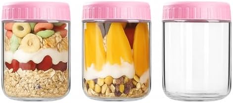 Overnight Oats Containers with Lids, 16oz Wide Mouth Mason Jars with Lids, 3 Pack Glass Jars with Airtight lid for Chia Pudding Yogurt Salad, Meal Prer Oatmeal Jars, Pink
