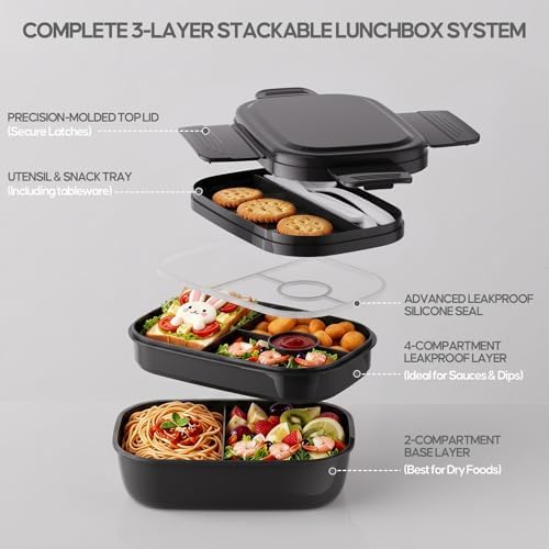 BPA Bento Lunch Box Set with Lunch Bag, 3-Tier Stackable Leak-Proof （Black）