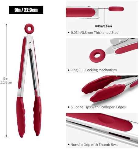 Doosu Kitchen Tongs with Silicone Tips for Cooking Serving (9in, Red)