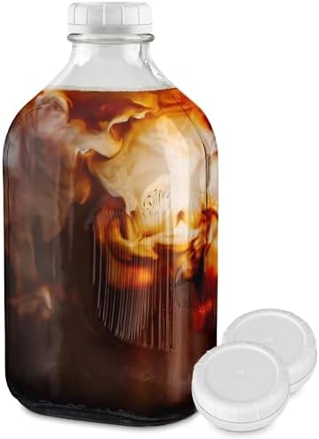 Stock Your Home Half Gallon Glass Bottle with Lid (1 Pack) 64 Oz Jugs and 3 White Caps, Reusable Food Grade Container for Refrigerator, Bottles for Juice, Oat or Plant Milks, Water, Honey