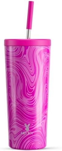 Meoky 24 oz Insulated Tumbler with Lid and Straw, Stainless Steel Vacuum Insulated Tumbler, Keeps Cold for 24 Hours, 100% Leak Proof, Fits in Car Cup Holder (Swirl)