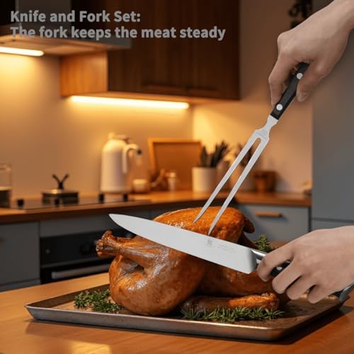 8" Stainless Steel Carving Knife and 7" Fork Set, Professional BBQ Brisket Slicing Kit with Ergonomic Full Tang Handle, Premium Meat, Fruits & Vegetables Cutting Tools in Gift Box