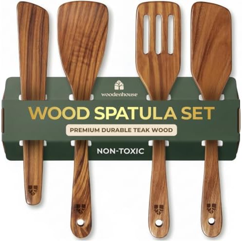 Wooden Spatula for Cooking, Teak Wood Set of 4 for Non Stick Frying Pan