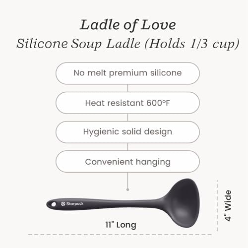 Starpack 'Ladle of Love' Premium Silicone Ladle Spoon 11" - Soup Ladles High Heat Resistant to 600°F - Kitchen Laldes for Serving - Non Stick Silicone Ladles - LFGB Grade Rubber Cooking Spoon - Gray