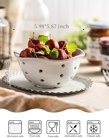 Gomakren Ceramic Berry Basket Set of 2, Floral Fruit Bowl with Holes, White