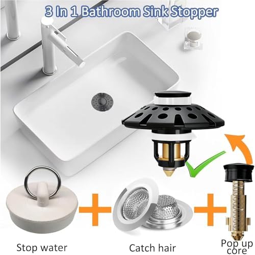 AzWzz Bathroom Sink Drain Strainer, 3 in 1 Pop Up Bathroom Sink Stopper
