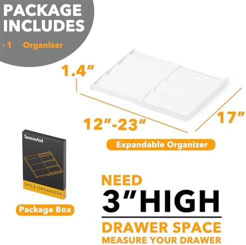 SpaceAid Bamboo White Spice Drawer Organizer, (Need 3" Deep Drawer) Expandable 4 Tier Spices Rack for Cabinet, Kitchen Seasoning Storage Insert (Jars Not Included, From 12" to 23" Wide)