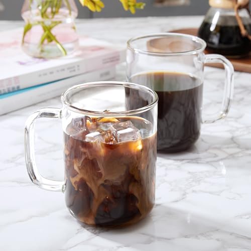 Glass Coffee Mugs, 24 oz Ice coffee cups, Large Clear Tea Cups Set of 2, Glass Mugs with Handles, Glass Cups for Latte, Cappuccino, and Tea