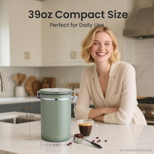 Veken Coffee Canister,39OZ, 2.2lbs,Large Airtight Stainless Steel Container