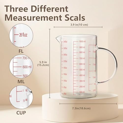 WhiteRhino Glass Measuring Cup,34oz/4Cup/1000ml Liquid Measuring Cups, Measuring Cup With Handle and V-Shaped Spout, Glass Beaker with Three Scales (OZ, Cup, ML), Dishwasher/Freezer/Microwave Safe