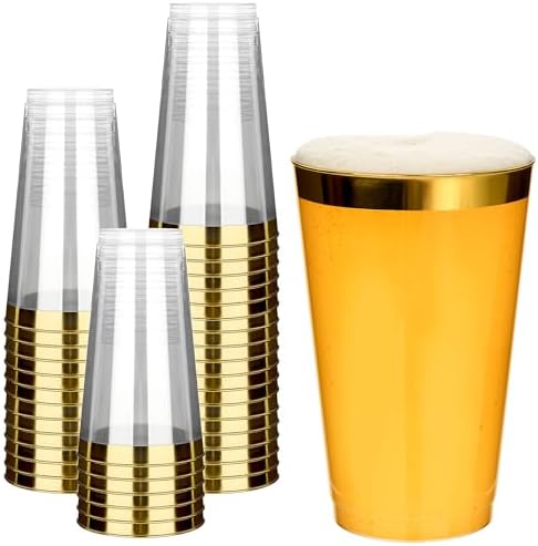 RACETOP 100 Pack 16 oz Gold Rimmed Plastic Cups