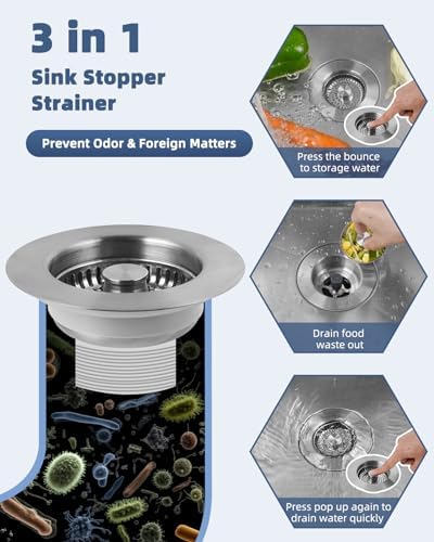 3-in-1 Kitchen Sink Strainer Stopper Combo, Universal Fit, All Metal