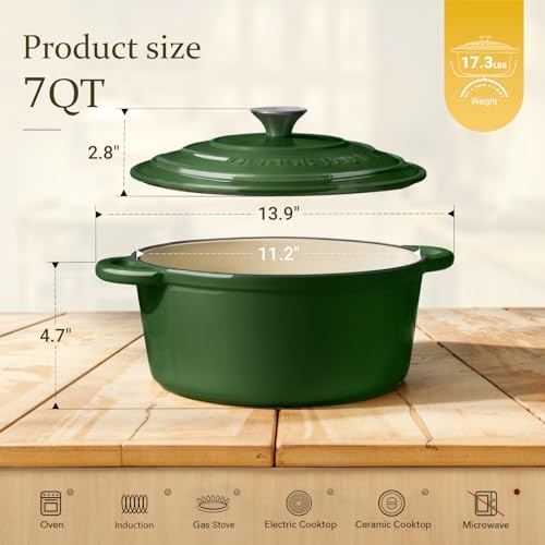 Overmont Enameled Cast Iron Dutch Oven - 7QT Pot with Lid Cookbook & Cotton Potholders - Heavy-Duty Cookware for Braising, Stews, Roasting, Bread Baking GlossyGreen