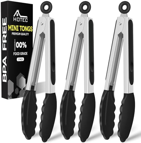 HOTEC Small Silicone Kitchen Tongs 7-Inch Mini Serving Tongs, Set of 3