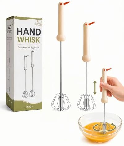 2 PC Semi-Automatic Stainless Steel Whisk Set, Push-Down Rotary Egg Beater