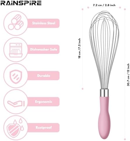 Rainspire 9" 10" 12" Wire Whisk Stainless Steel, Balloon Whisks for Cooking, Wisk Wisking Tool With Soft Silicone Handle, Thick Durable Whisker for Blending, Beating, Whisking, Stirring, Pink