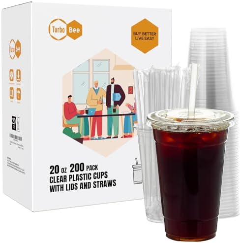 Turbo Bee 200 Sets 20 OZ Clear Plastic Cups with Lids and Straws, Disposable To Go Iced coffee cups with lids for Cold Drinks, Smoothie, and Slushie
