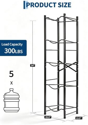Heavy-Duty 5 Gallon Water Bottle Holder Rack, 5-Tier Single-Row Stand for 5 Bottles - Detachable Water Cooler Jug Storage Shelf for Office, Kitchen, Garage - Black