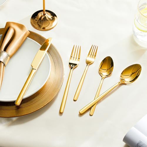 KINGSTONE Gold Silverware Set, 20 Piece Flatware Cutlery Set for 4, 18/10 Stainless Steel Silverware Mirror Polished Dishwasher Safe for Home, Restaurant, Wedding, Party(Gold, 20 pieces for 4)