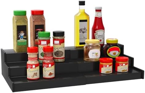 Lenwi Spice Rack Organizer for Cabinet, 3 Tier Expandable Bamboo Spice Storage for Kitchen Cupboard Pantry, Black