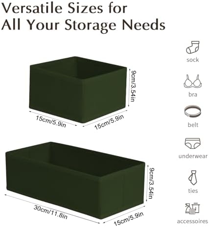 DIMJ Drawer Organizers Clothes, Set of 4 Dresser Organizer Bins, Fabric Closet Organizers and Storage, Shallow Drawer Dividers for Nursery, Clothing, Baby Clothes, Socks, Underwears, Tie (Green)