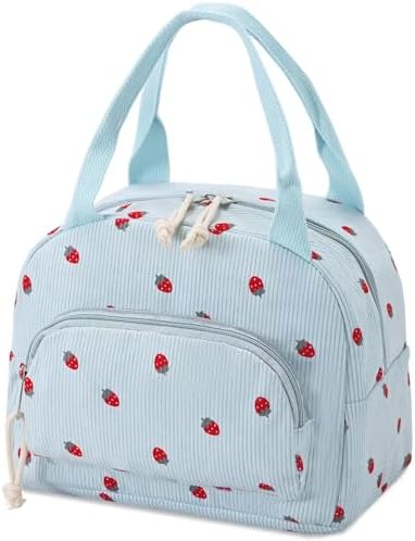 Lunch Bag Women Lunch Box for Women Adult Cute Insulated Lunch Bag Small Cooler Lunch Tote Bags for Work Picnic School (Blue-Strawberry)