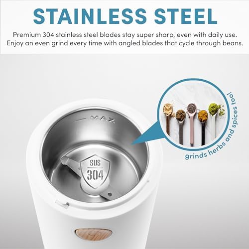 Aroma Housewares Mini Coffee Grinder and Electric Herb Grinder with 304 Stainless Steel Grinding Blades and a Premium Clear Lid (40 g.), White