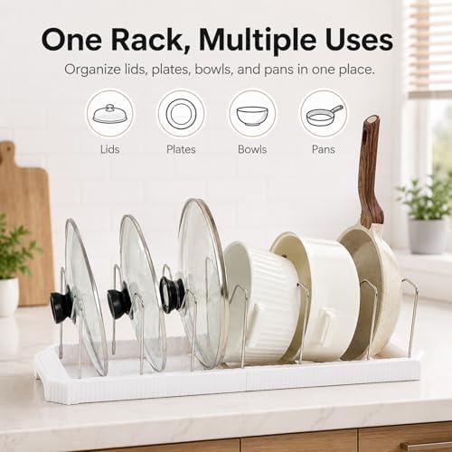 Pots and Pans Organizer Under Cabinet, Adjustable Pan Organizer Rack
