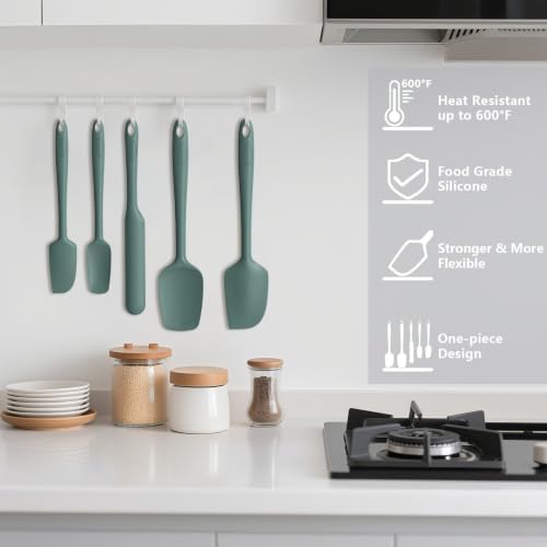 Coukre Silicone Spatula Set of 5,High Temperature Resistant, Food Grade Silicone, Dishwasher Safe, for Baking, Cooking (Pure Dark Green)