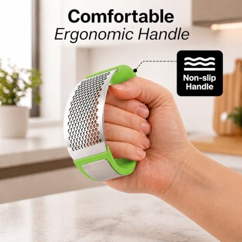 Zulay Kitchen Stainless Steel Garlic Press Rocker Set - Premium Garlic Mincer Garlic Crusher - New Innovative Garlic Crusher with Peeler and Scraper - Comfortable Grip (Green)