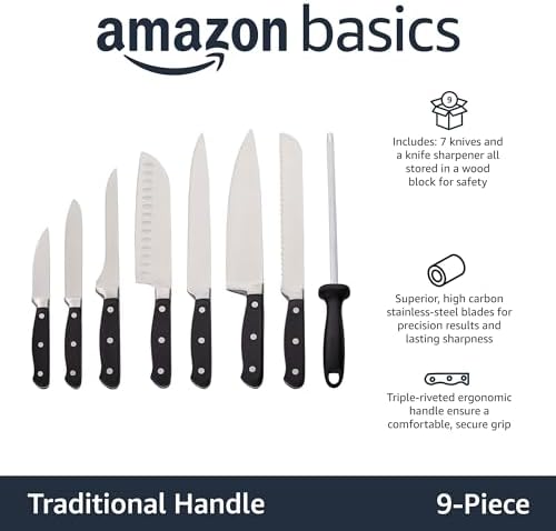 Amazon Basics 9-Piece High-Carbon Stainless Steel Kitchen Knife Set with Ergonomic Handles, Full Tang Construction, Pine Wood Block, Black