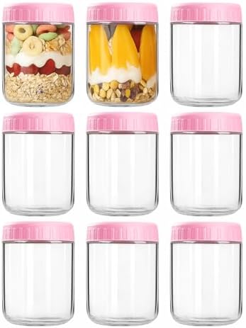 Overnight Oats Containers with Lids, 16oz Wide Mouth Mason Jars with Lids, 9 Pack Glass Jars with Airtight lid for Chia Pudding Yogurt Salad, Meal Prer Oatmeal Jars, Pink