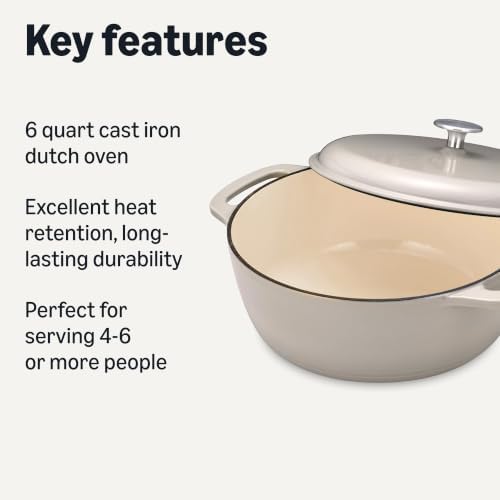 Amazon Basics Cast Iron Dutch Oven Pot with Lid, Enameled, Dual Handles, Round, Heavy-Duty, Medium, 6-Quart, Linen Gray