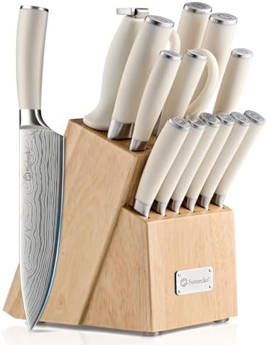Knife Set with Block and Sharpener, 15 Piece Kitchen Knife Block Set
