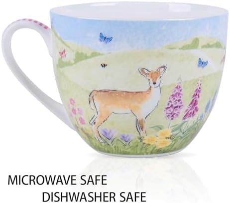 20 oz Deer & Wildflower Coffee Mug, Premium Bone China Cottage Garden Coffee Cup with Rabbit & Butterfly, Thoughtful Gifts for Mom Women Mothers Day, Designed in England by Harvest Green Studio