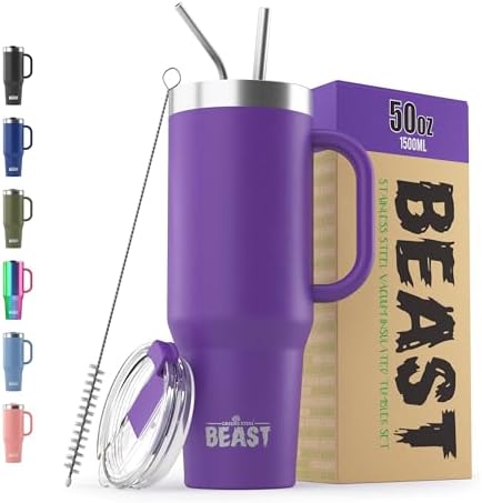 Beast 50 oz Tumbler with Handle Stainless Steel Vacuum Insulated Coffee Ice Cup Double Wall Travel Flask (Deep Purple)