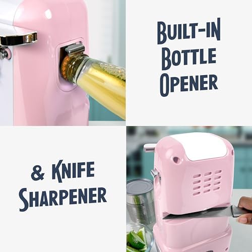 Nostalgia Retro Electric Can Opener for Kitchen with Magnetic Lid Remover, Knife Sharpener, and Soda or Beer Bottle Opener, Pink