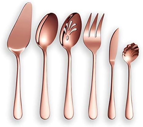 Berglander Stainless Steel Rose Gold Titanium Plated Flatware Serving Set 6 Pieces, 5 Serving Pieces of 45 Pieces Flatware With 1 Cake Server, Copper Serving Silverware Set (Shiny Rose Gold)