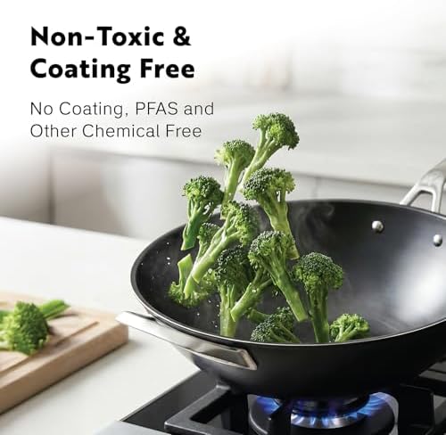 13 Inch Tri Ply Carbon Steel Wok Pan - Naturally Nonstick, Nitrided Carbon Steel - Lightweight, Non Toxic Cookware, No Coatings - Induction Wok, Oven, Outdoor Grill Cooking