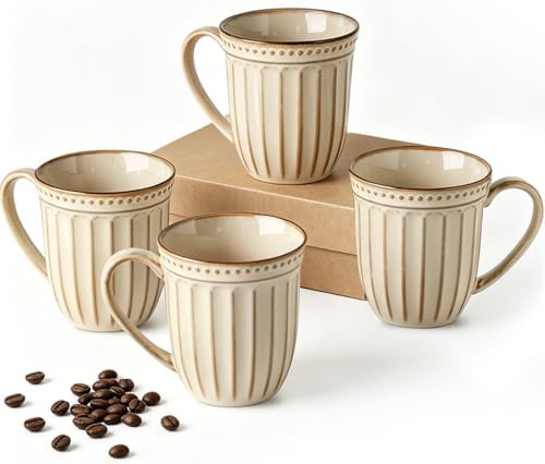 HASENSE Textured Coffee Mugs Set of 4, 16 Oz Ribbed Ceramic Cups with Large Handle for Latte Tea Cappuccino, Stackable Embossed Mugs for Everyday Use, Microwave & Dishwasher Safe, Creamy Beige