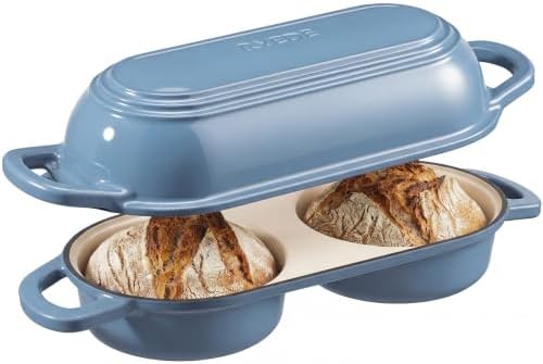 Double Dutch Oven for Bread Baking,Mini Cast Iron Sourdough Loaf Pan(Blue)