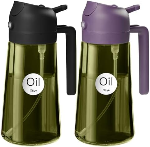 YARRAMATE 2Pcs 16oz/470ml Dark Green Oil Sprayer for Cooking with Stickers, Food-grade Premium 2 in 1 Olive Oil Dispenser Bottle for Kitchen Gadgets, Air Fryer, Salad, Frying, BBQ (Black&Purple)