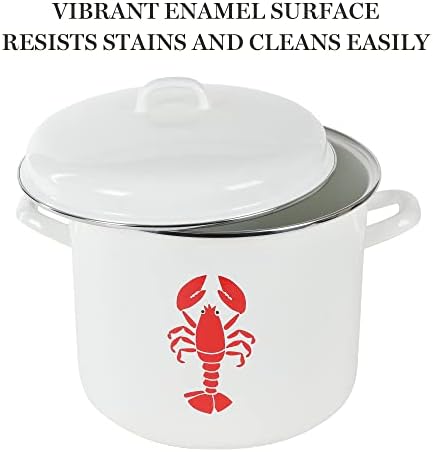 Martha Stewart 16-Quart Enamel on Steel Scratch-Resistant Lobster Stock Pot – Linen – Durable Large Capacity Pot for Boiling, Steaming & Seafood Cooking