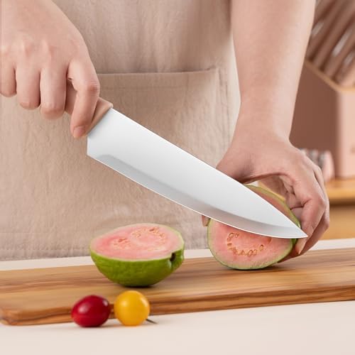 Knife Set, 15 PCS Pink Knife Block Set with 2-Step Sharpener
