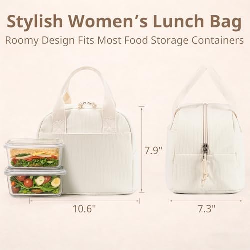 LOVELYWIND Lunch Box for Women, Insulated Lunch Bag, White Textured Tote