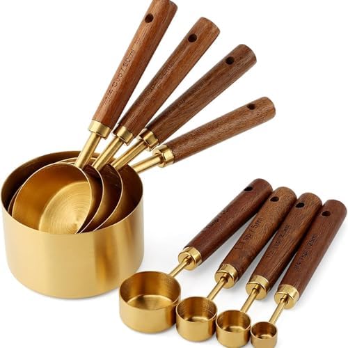Gold Measuring Cups and Spoons Set Stainless Steel Wood Handle US Metric